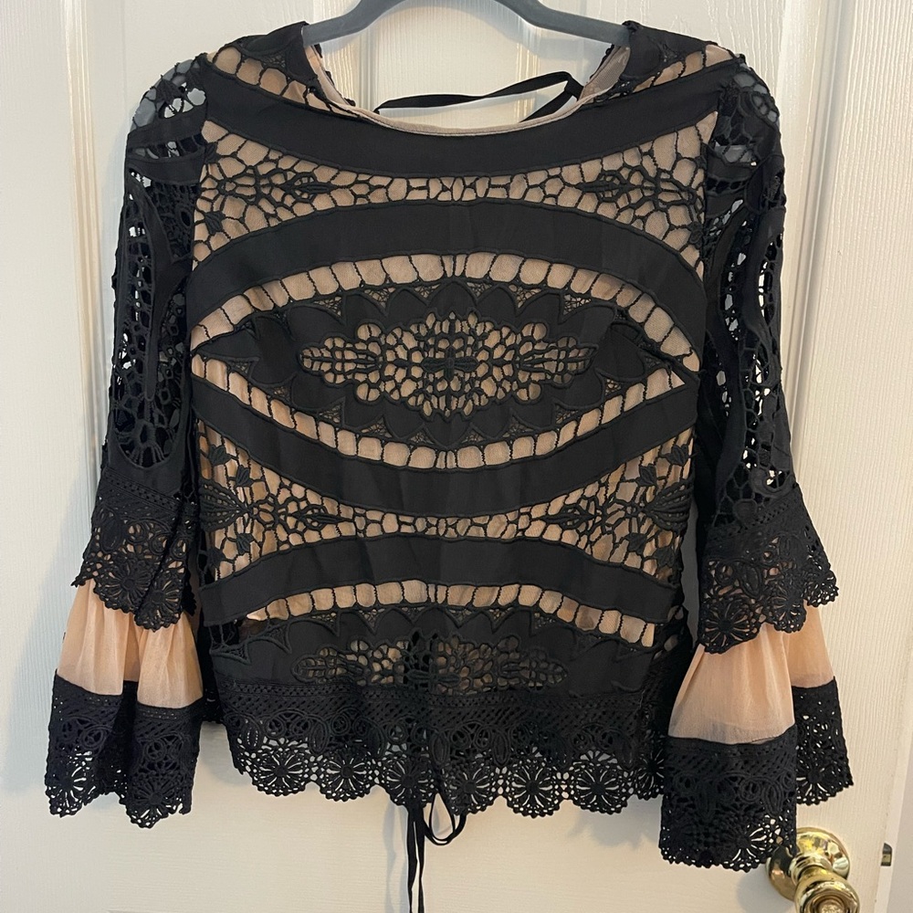 NWT Venus Black Lace Bell Sleeve Top Blouse with Back Lace-Detailing.